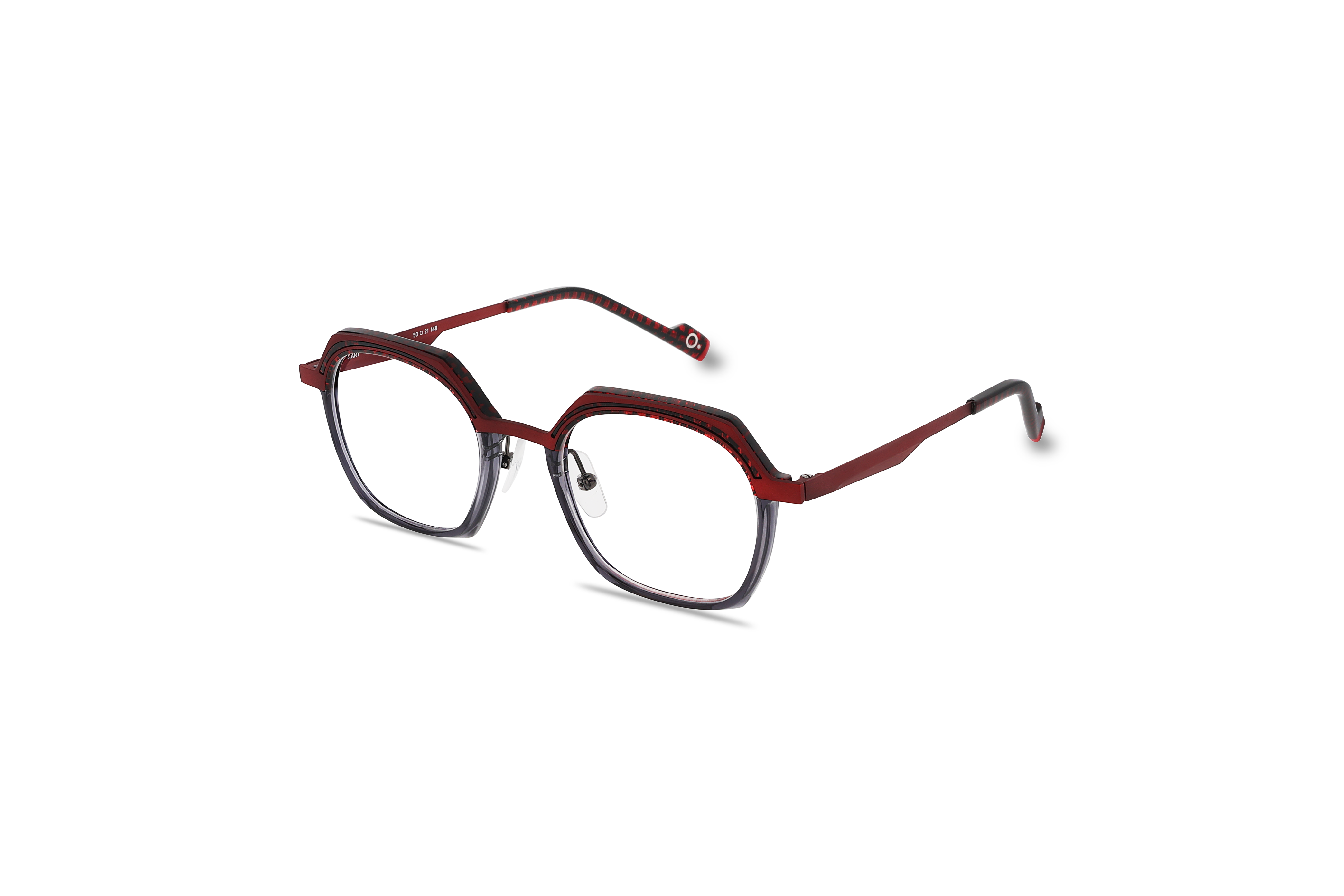 45° Ansicht der Brille Etnia Barcelona GARY in Rot auf weißem Hintergrund.