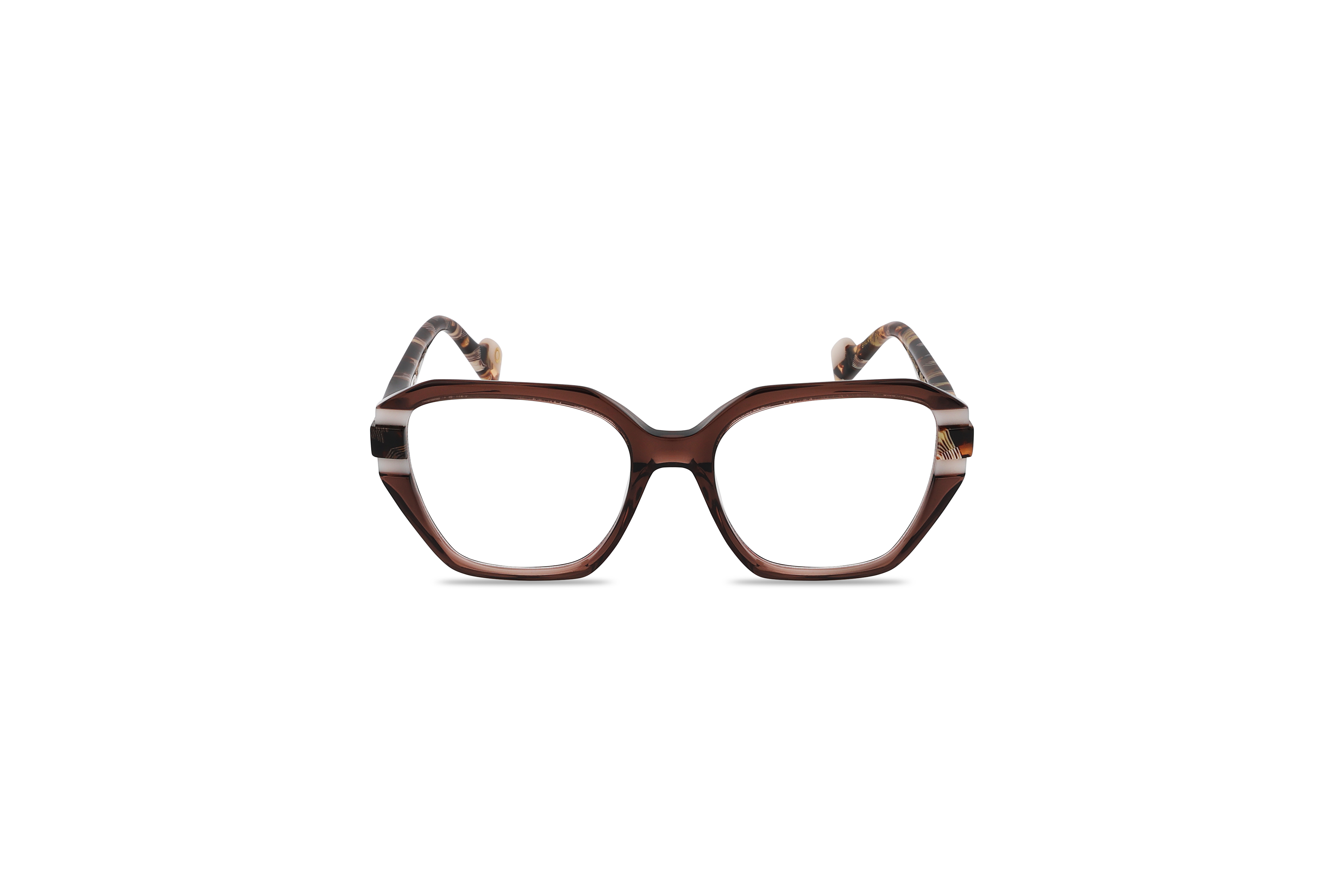 Die Brille Etnia Barcelona MIXURA NO5 in Braun auf weißem Hintergrund in Frontalansicht.