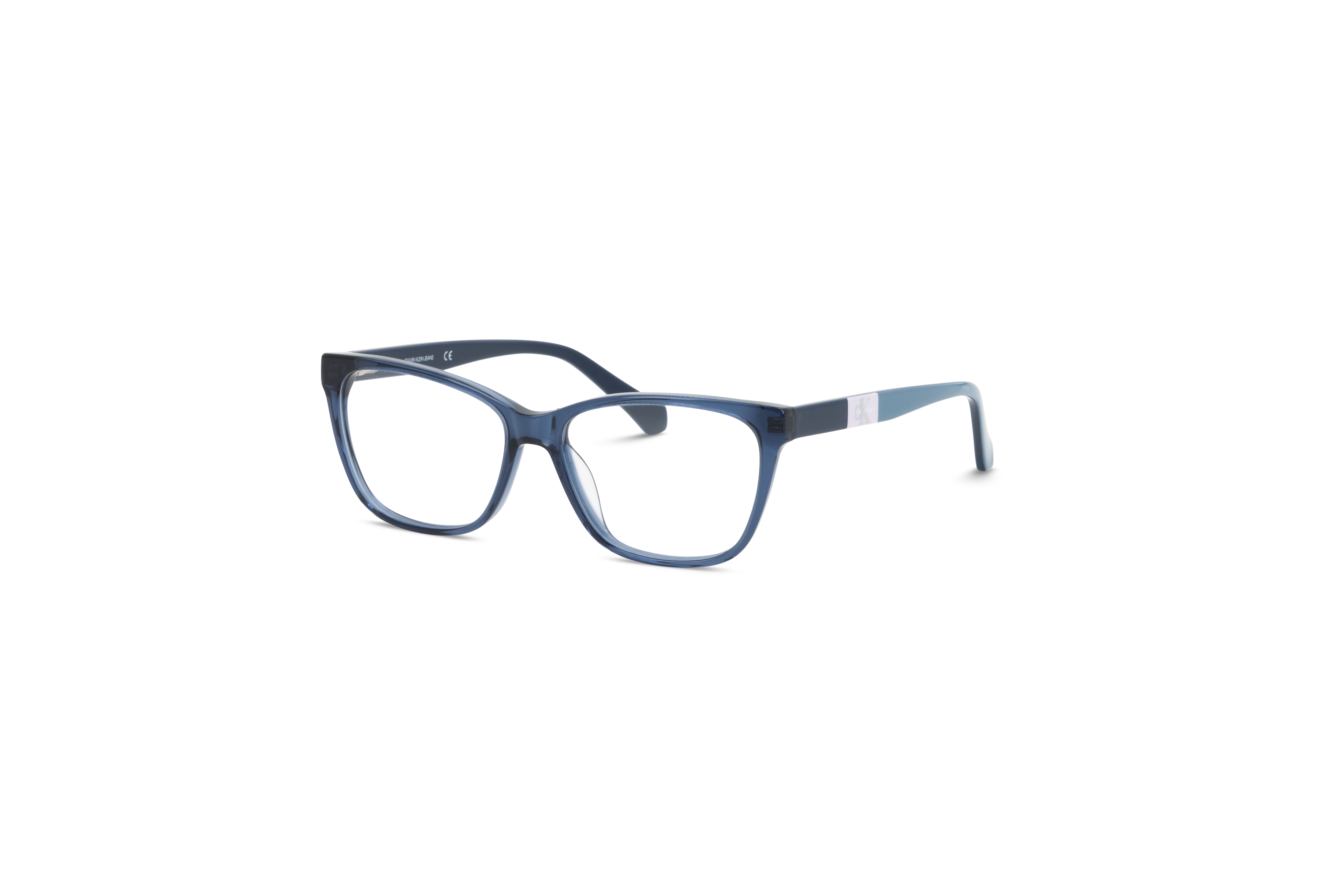 45° Ansicht der Brille Calvin Klein Jeans CKJ21621 in Transparent auf weißem Hintergrund.