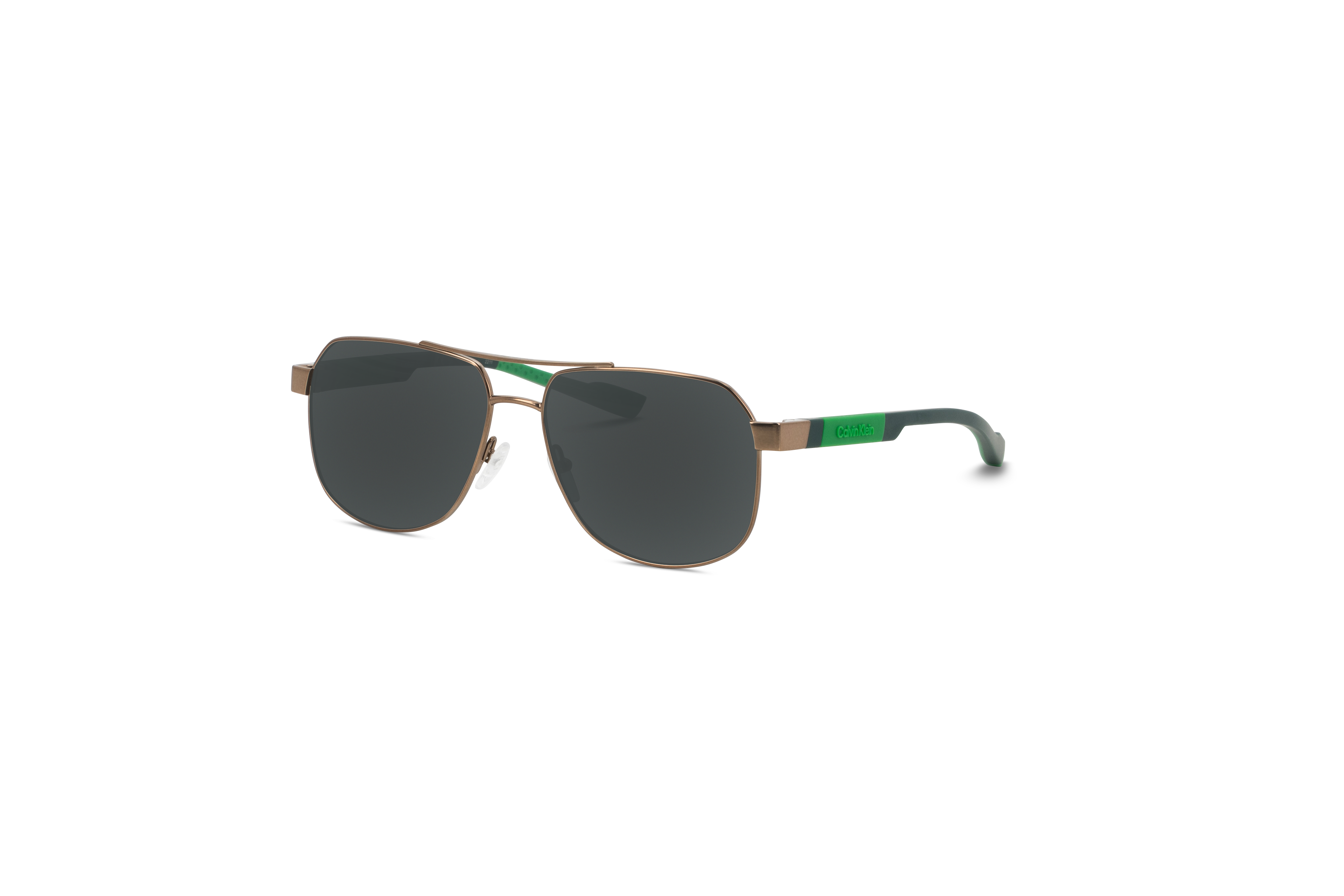 45° Ansicht der Sonnenbrille Calvin Klein CK23103S in Gold auf weißem Hintergrund.