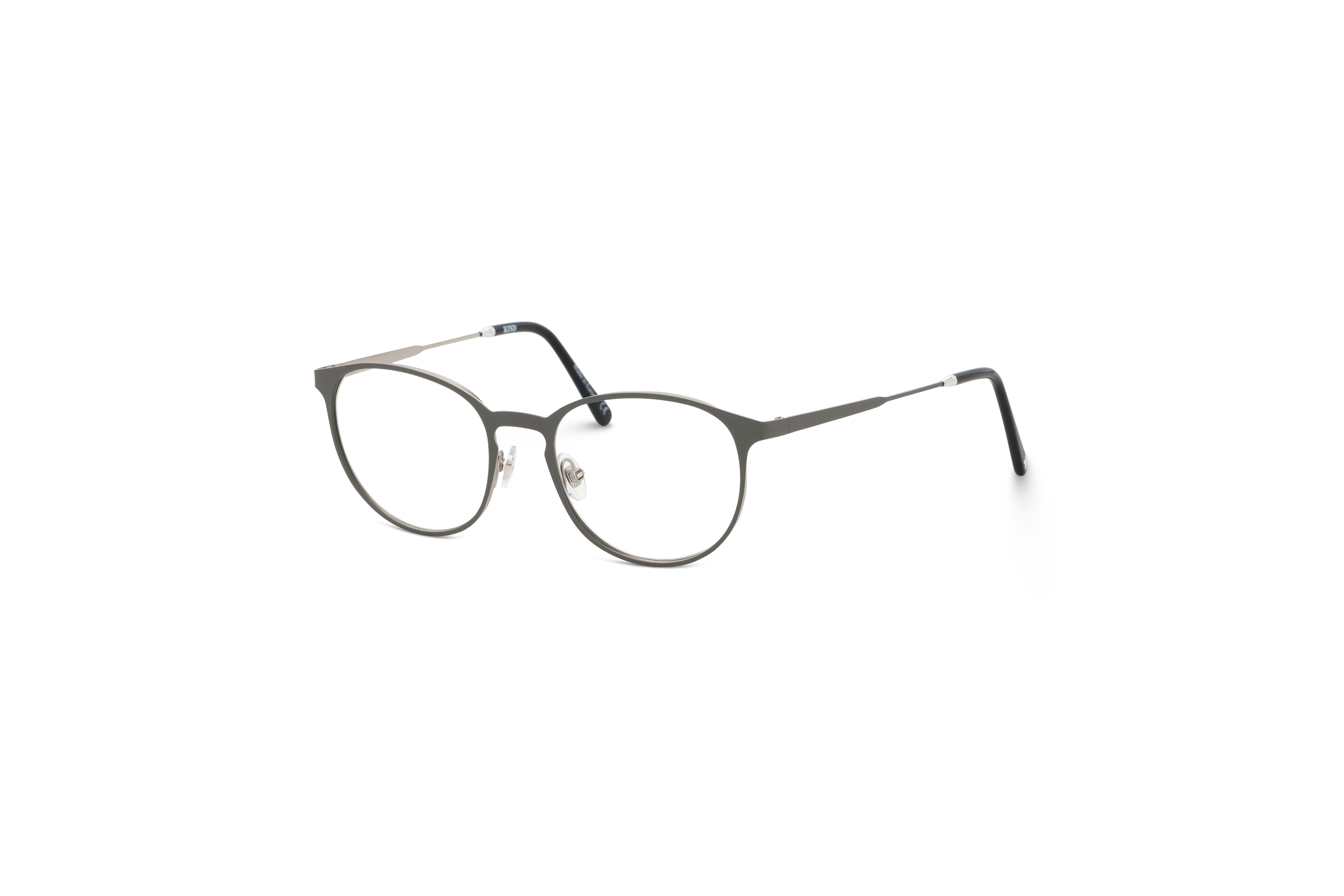 45° Ansicht der Brille KIND Alioth in Grau auf weißem Hintergrund.