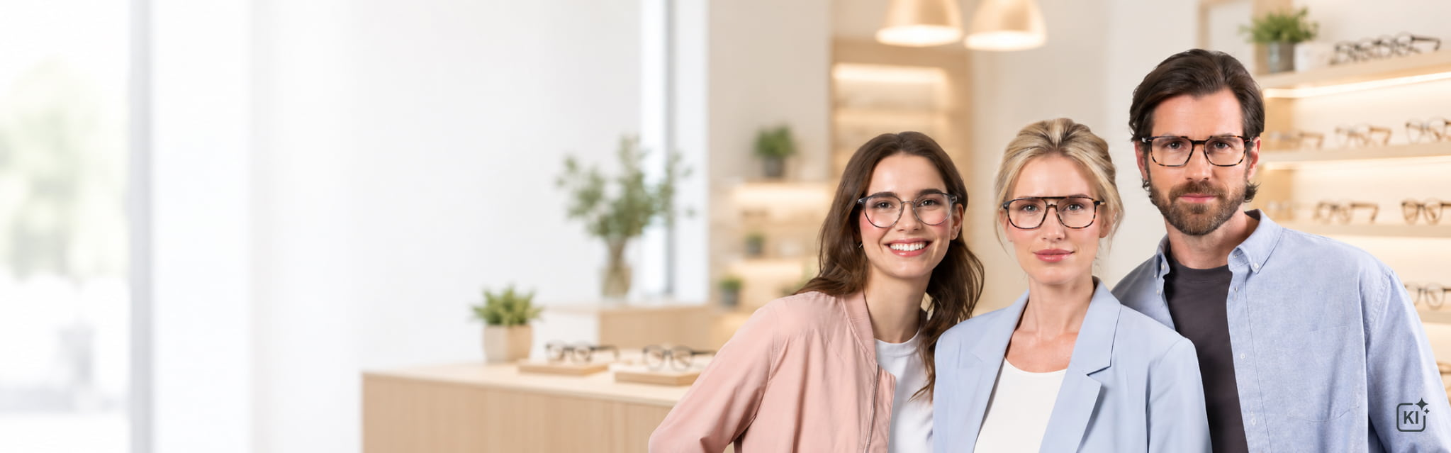 Drei Models mit Brillen stehen in einem Optik-Fachgeschäft.