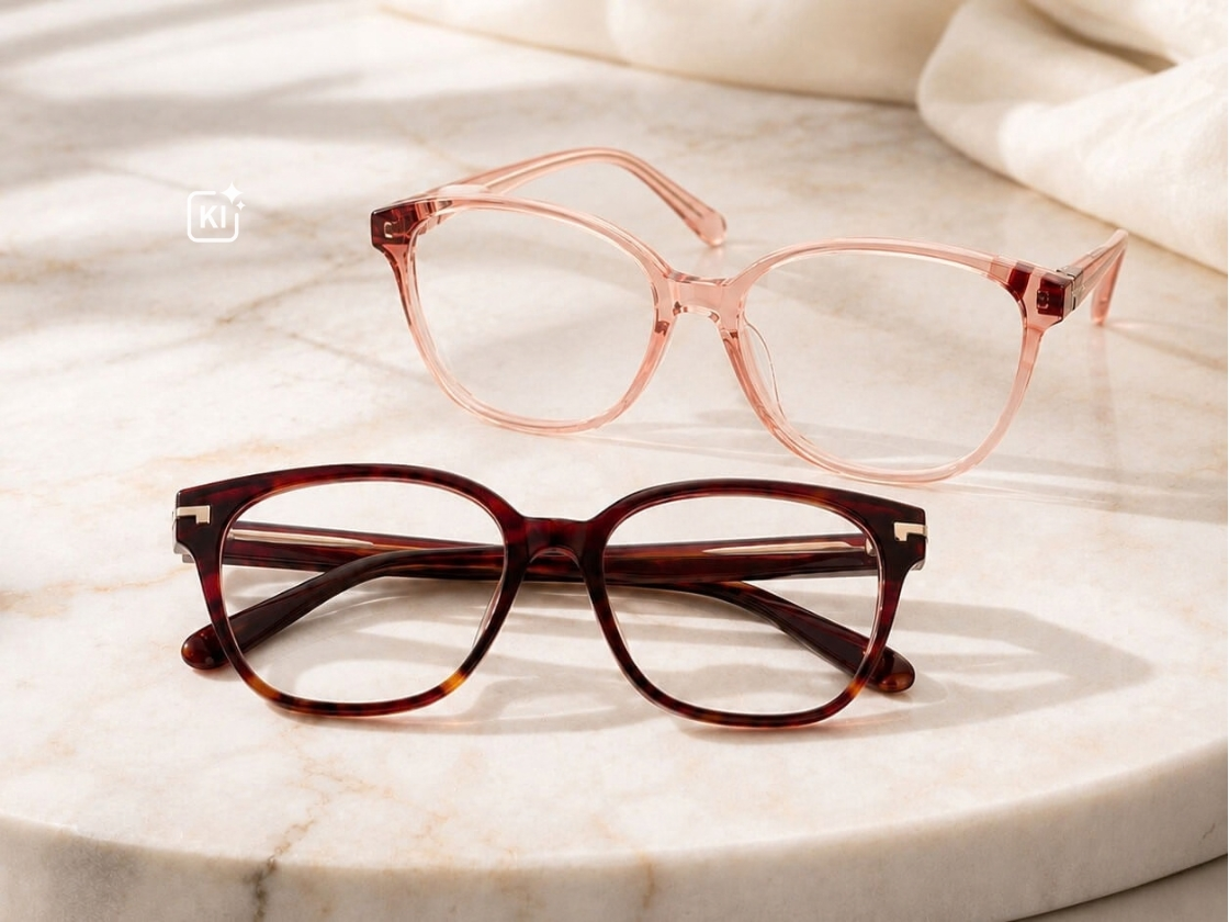 Eine pinke, aufgeklappte und eine braune zusammengeklappte Brendel-Brille auf einer Marmorplatte liegend. 