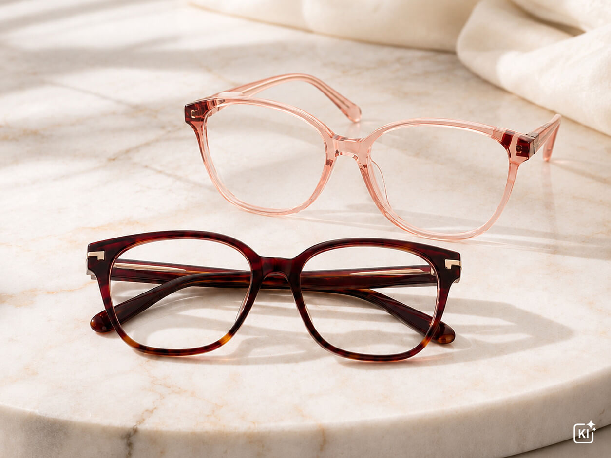 Eine pinke, aufgeklappte und eine braune zusammengeklappte Brendel-Brille auf einer Marmorplatte liegend. 