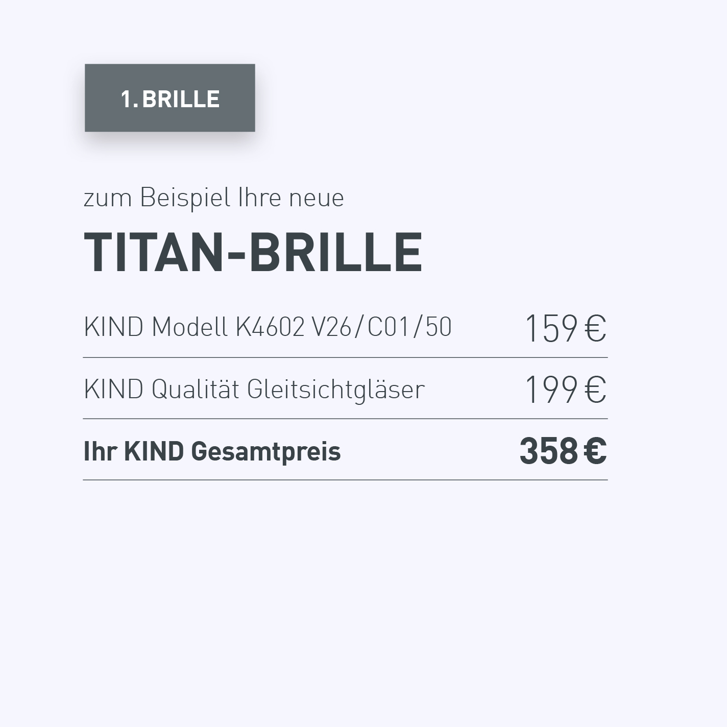 Ein Preisbeispiel für eine KIND Titan-Brille mit Gleitsichtgläsern, Kosten 358 €