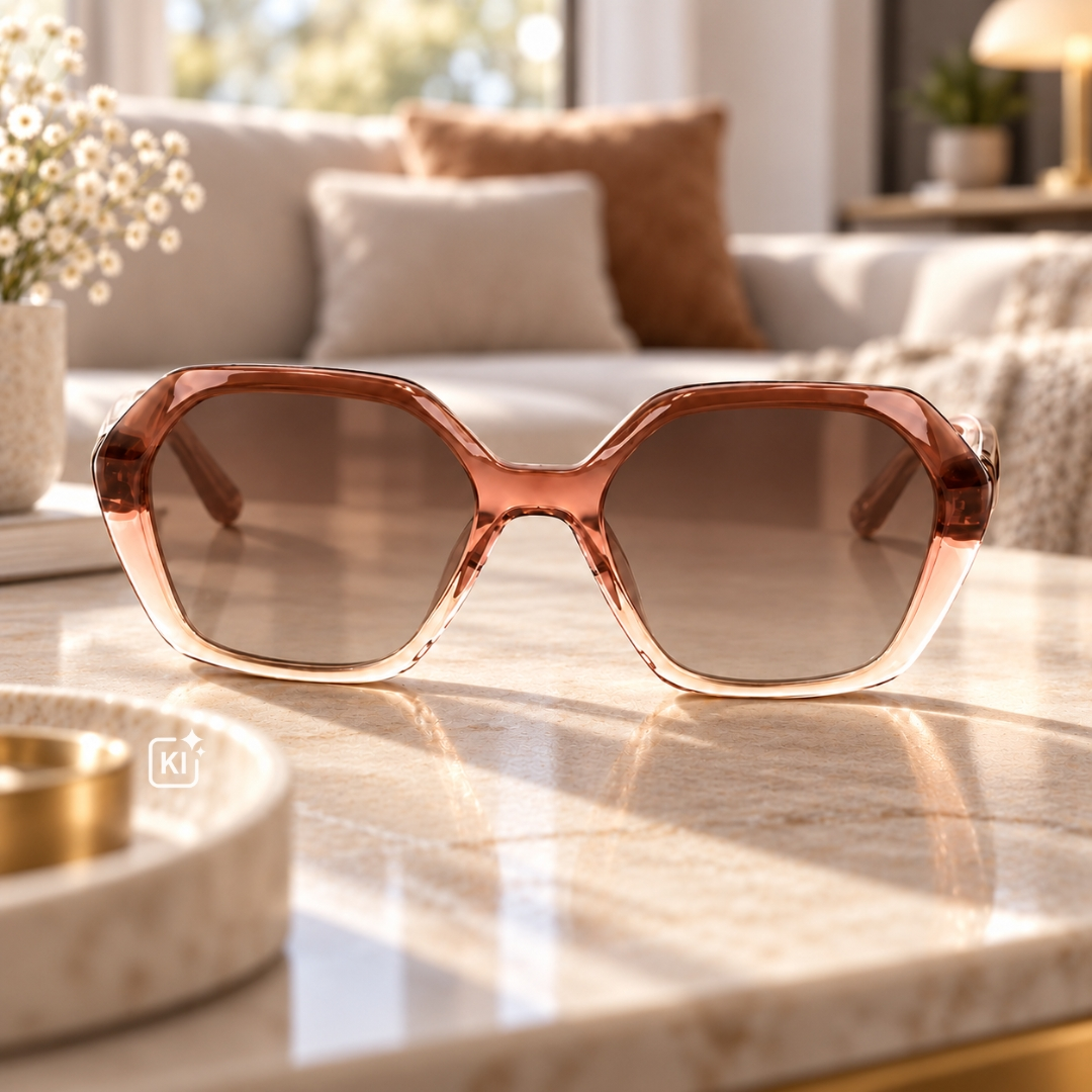 Damen-Sonnenbrille liegt auf Wohnzimmer-Tisch im Sonnenlicht. 