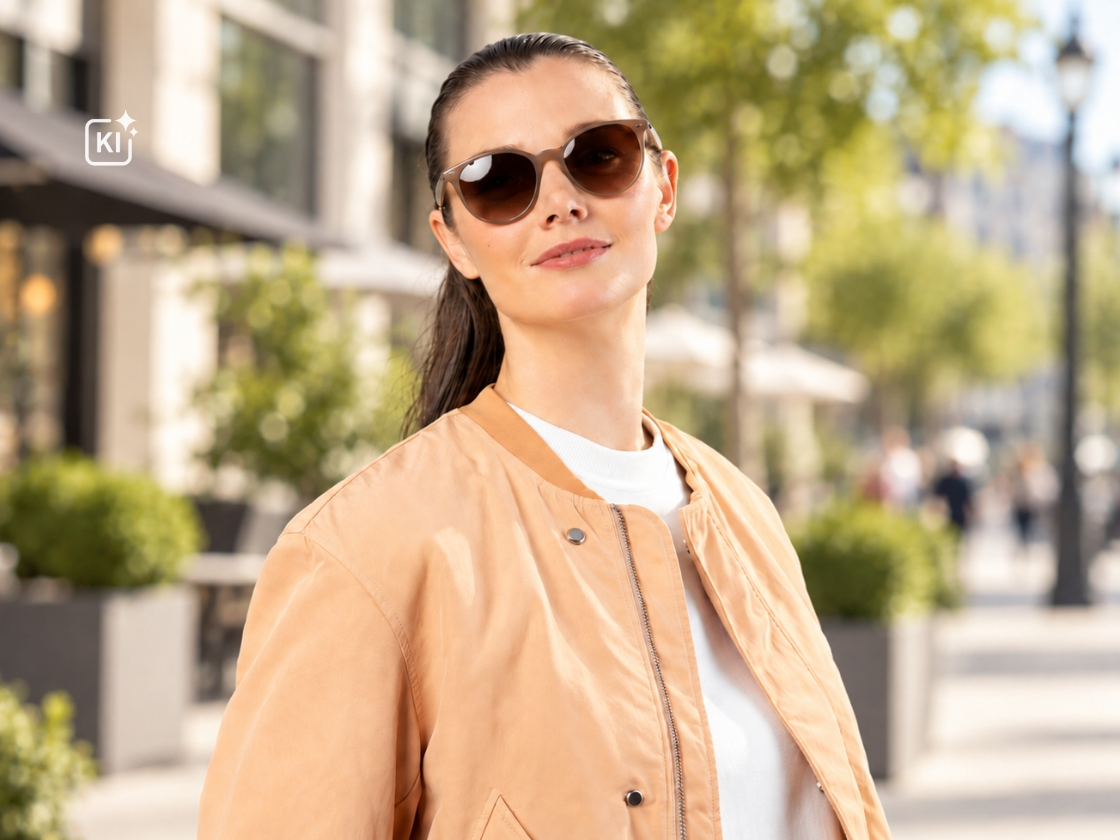 Eine junge Frau mit zeitloser Sonnenbrille vor einer Häuserfront.