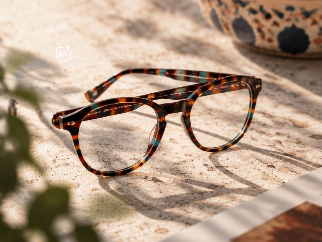Eine Etnia Barcelona Brille auf Steinboden im Sonnenlicht.