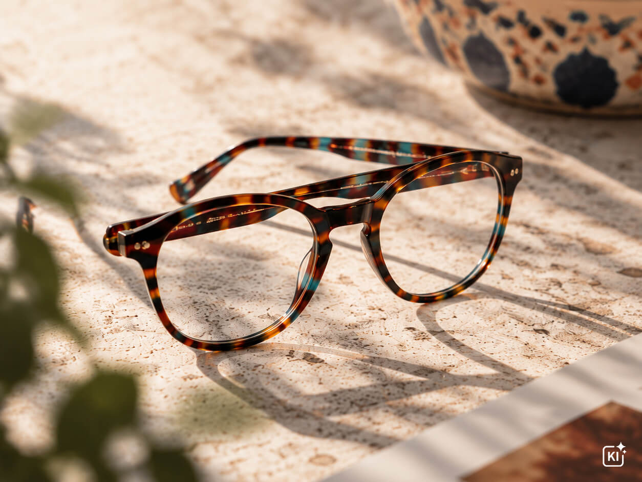 Eine Etnia Barcelona Brille auf Steinboden im Sonnenlicht.