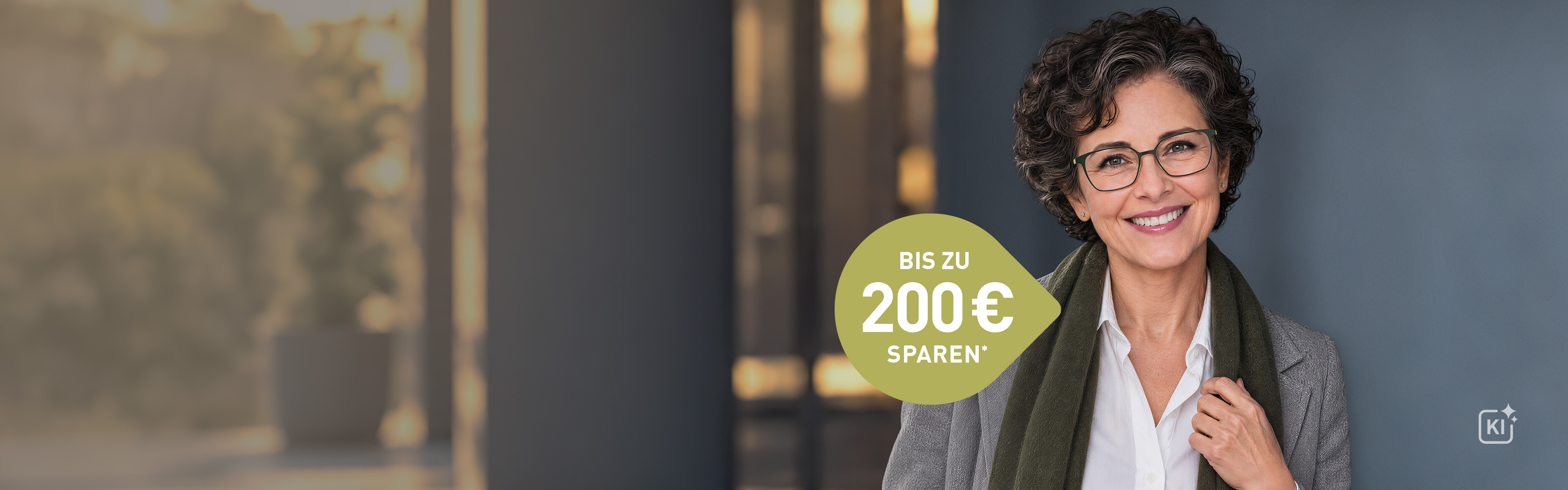 Frau mittleren Alters mit dunklen Haaren, grauem Blazer, weißem Hemd und olivfarbenen Schal trägt eine dünne KIND Brille und lächelt. 