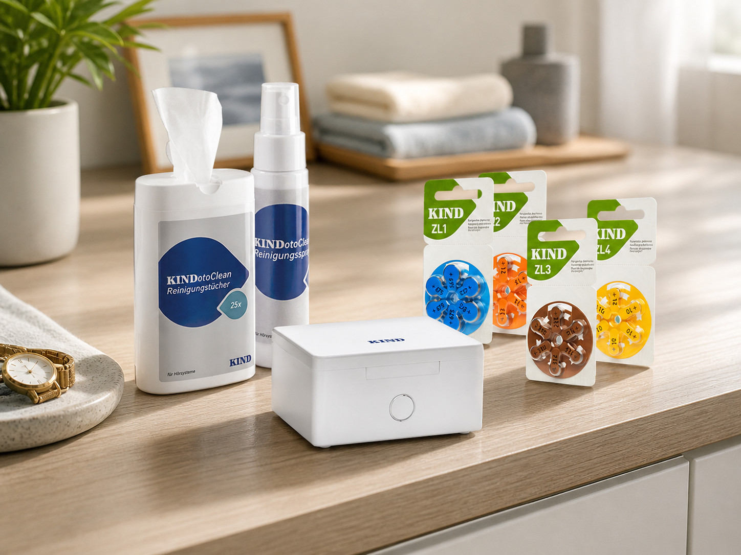 Mehrere Hörgeräte-Zubehör-Produkte stehen auf einer Kommode.
