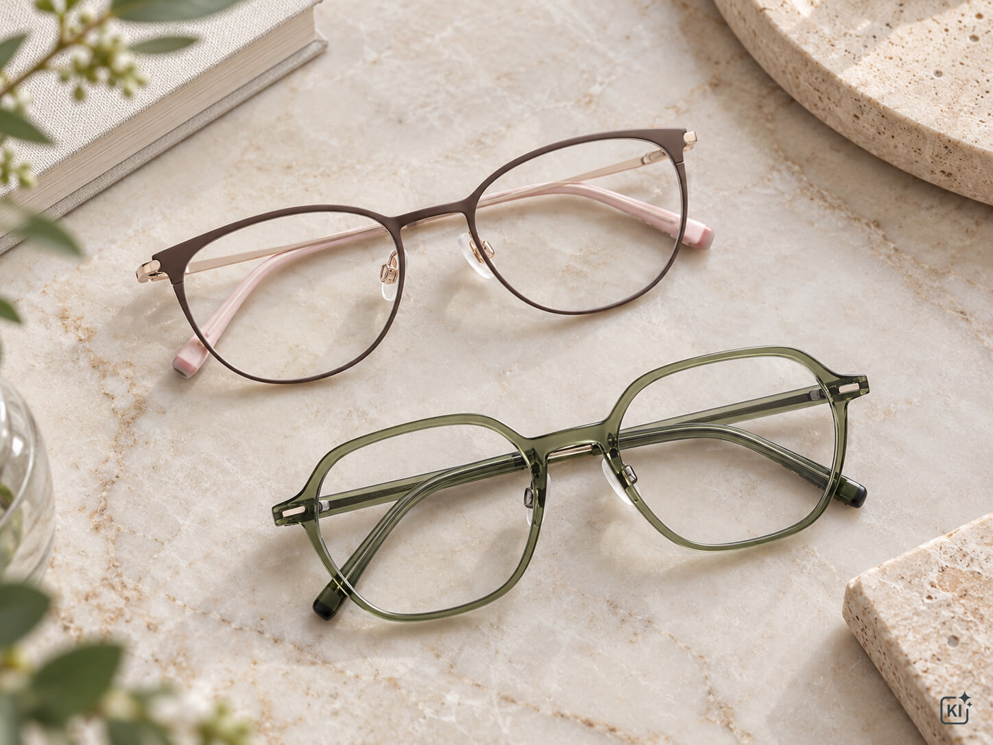 Eine grüne und eine weintor-pinke Brille liegen auf einem Marmortisch.