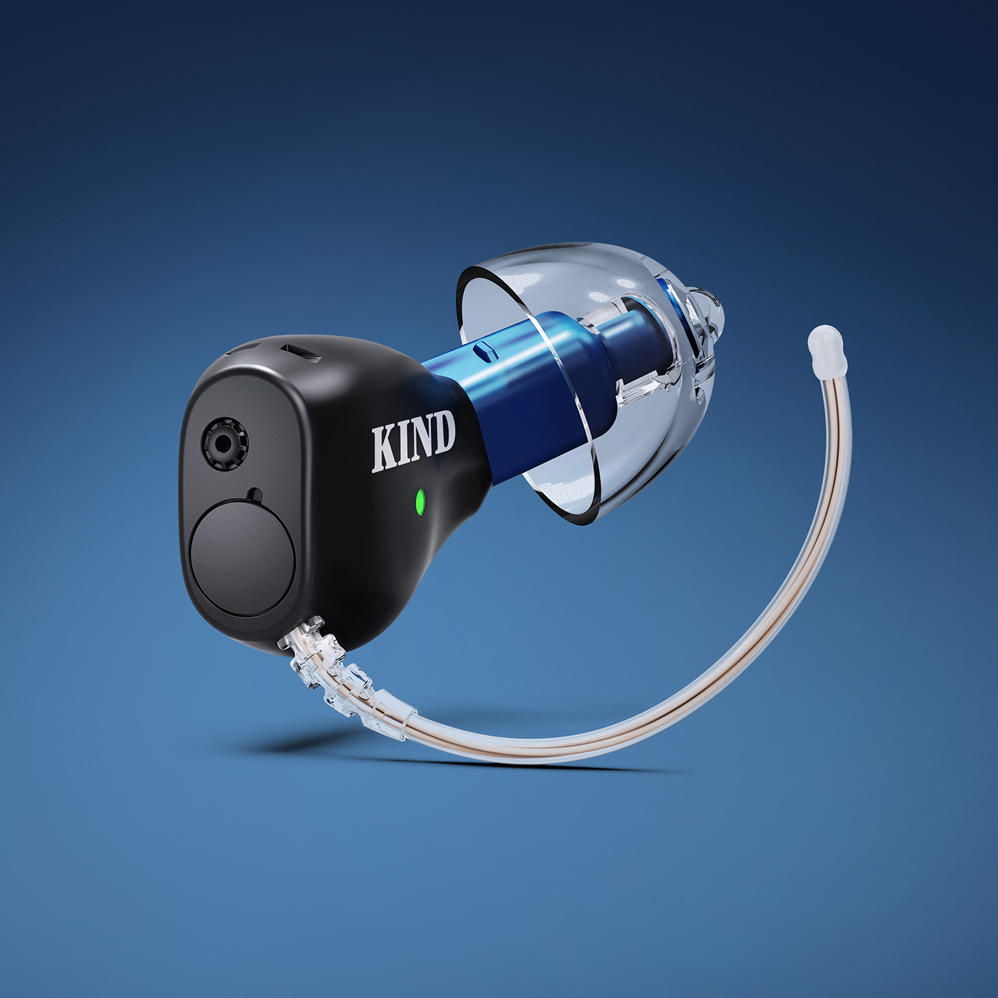 Modernes Im-Ohr-Hörgeräte KINDsevan IF wird auf blauem Hintergrund gezeigt.
