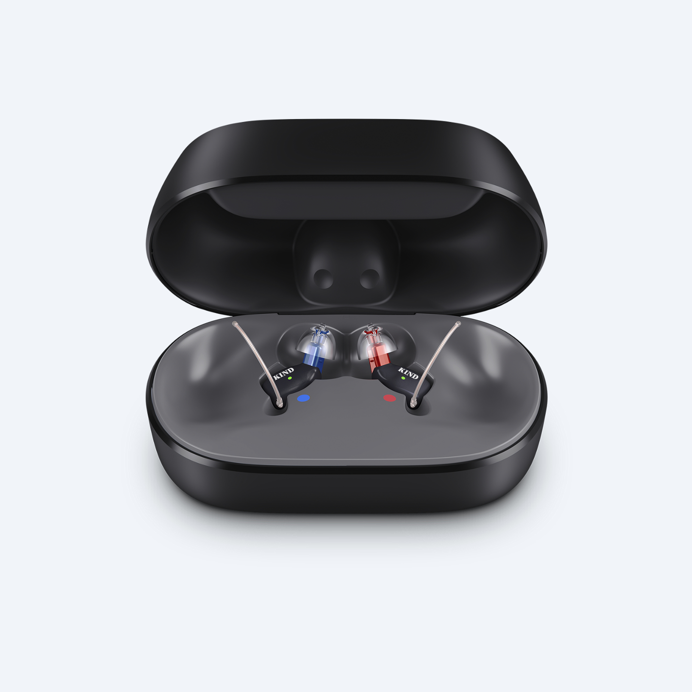 geöffnetes Ladestation-Kästchen, in der KINDsevan IF-Hörgeräte liegen