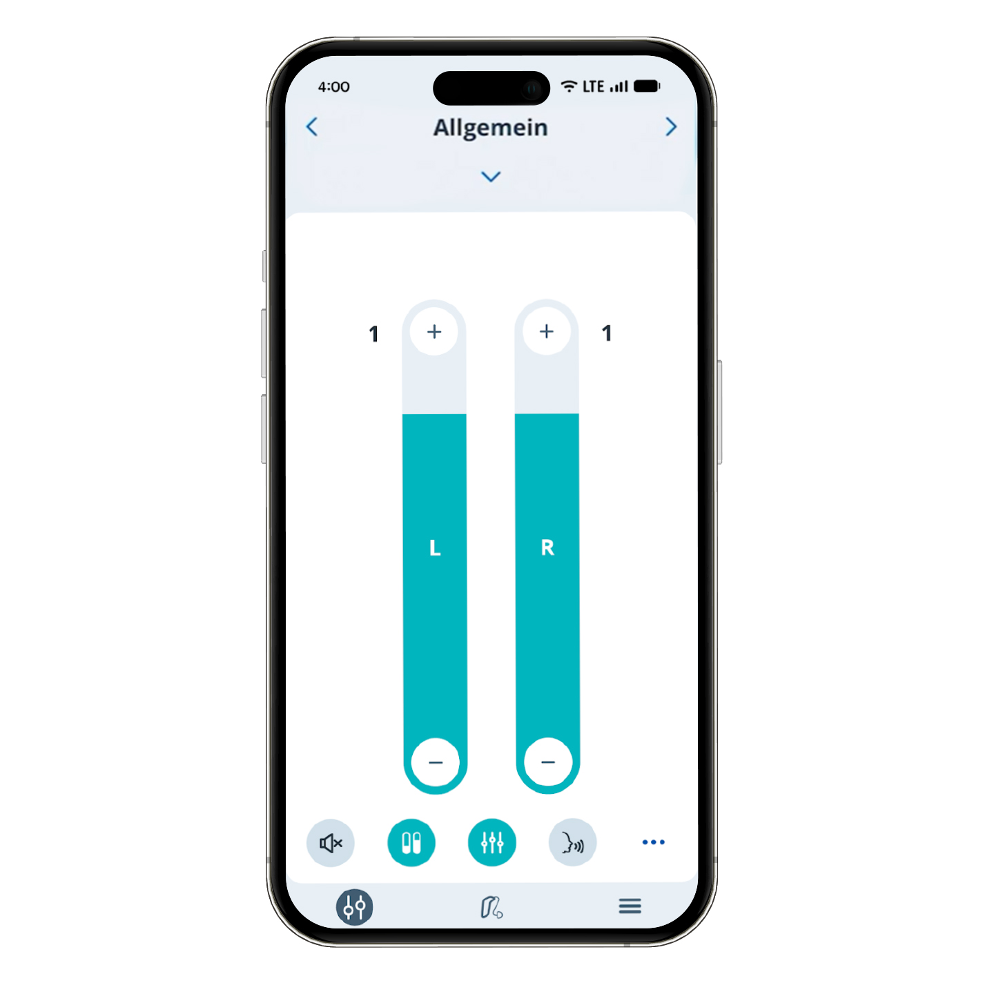 Ein Smartphone mit dem Screen der KINDconnect App. Dieser zeigt die Möglichkeit, Hörgeräte-Einstellungen rechts und links vorzunehmen.