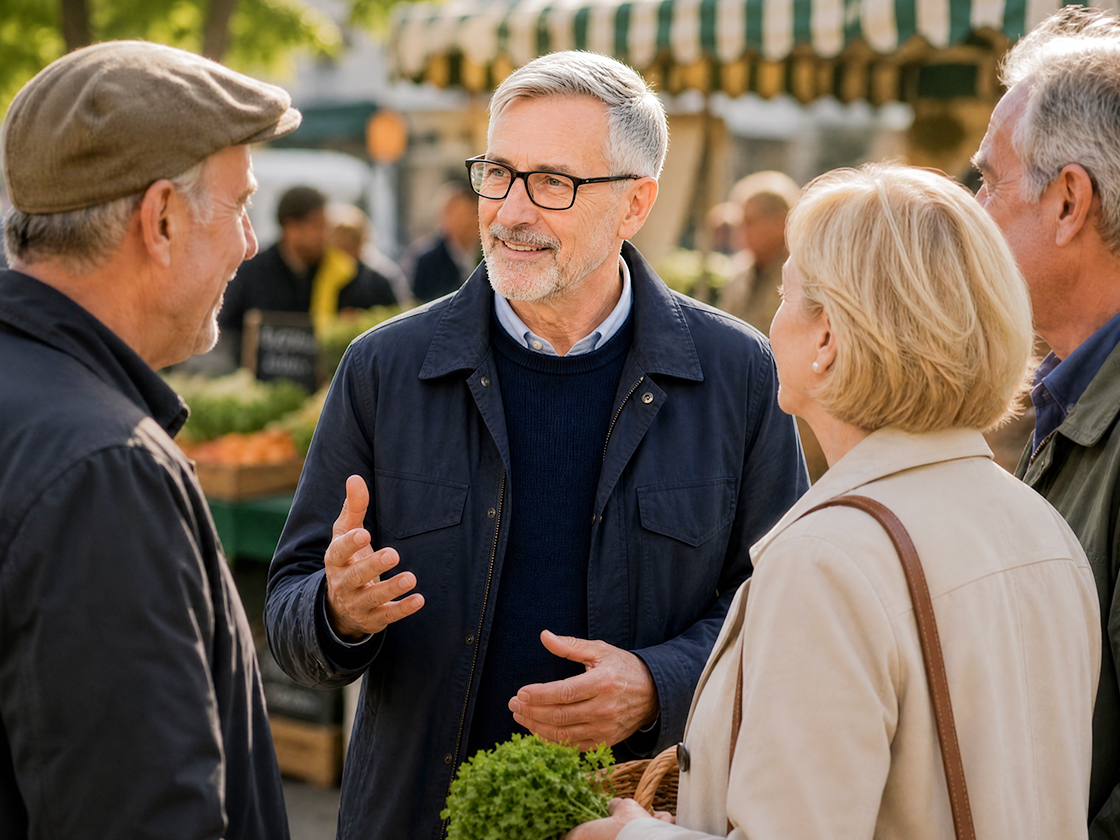 Mehrere seniorige Personen unterhalten sich auf dem Wochenmarkt. 