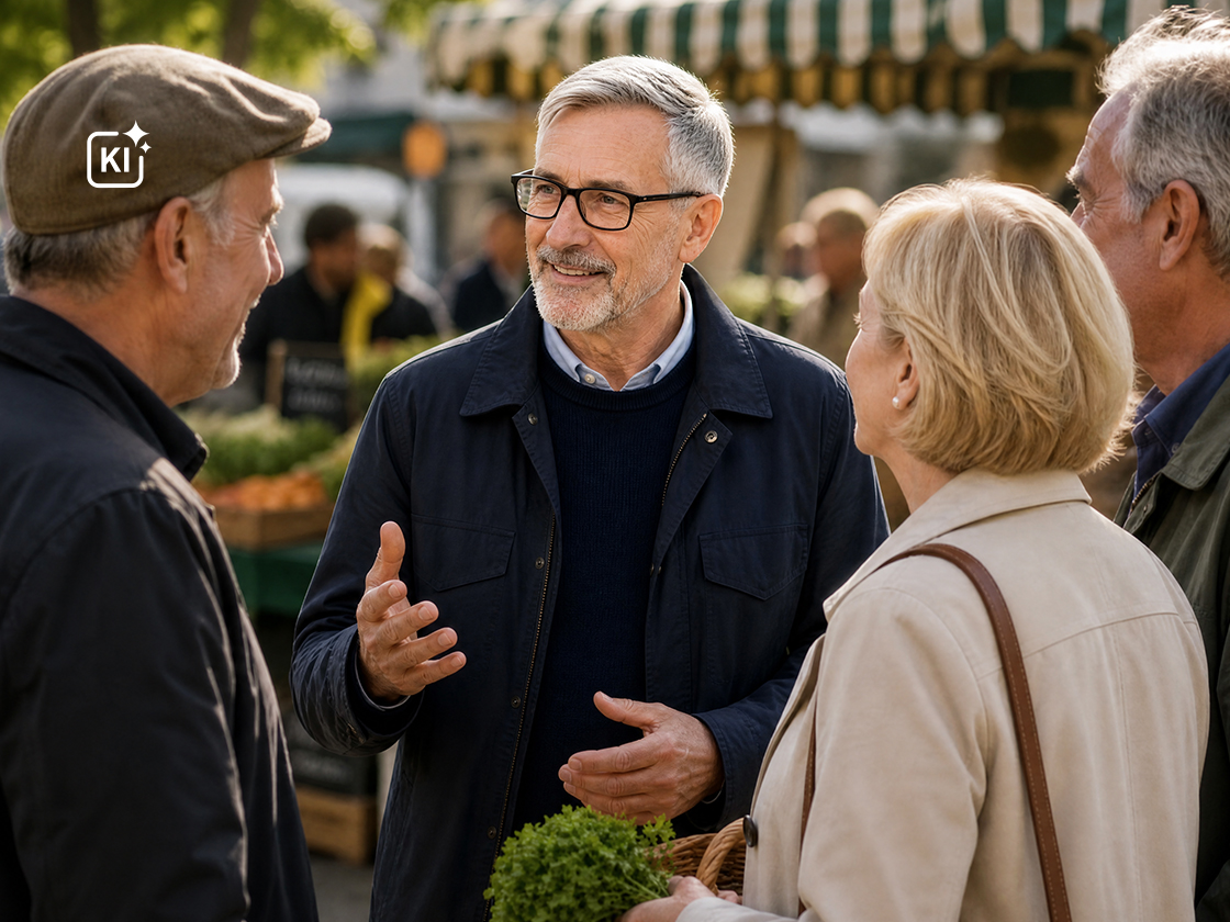 Mehrere seniorige Personen unterhalten sich auf dem Wochenmarkt. 