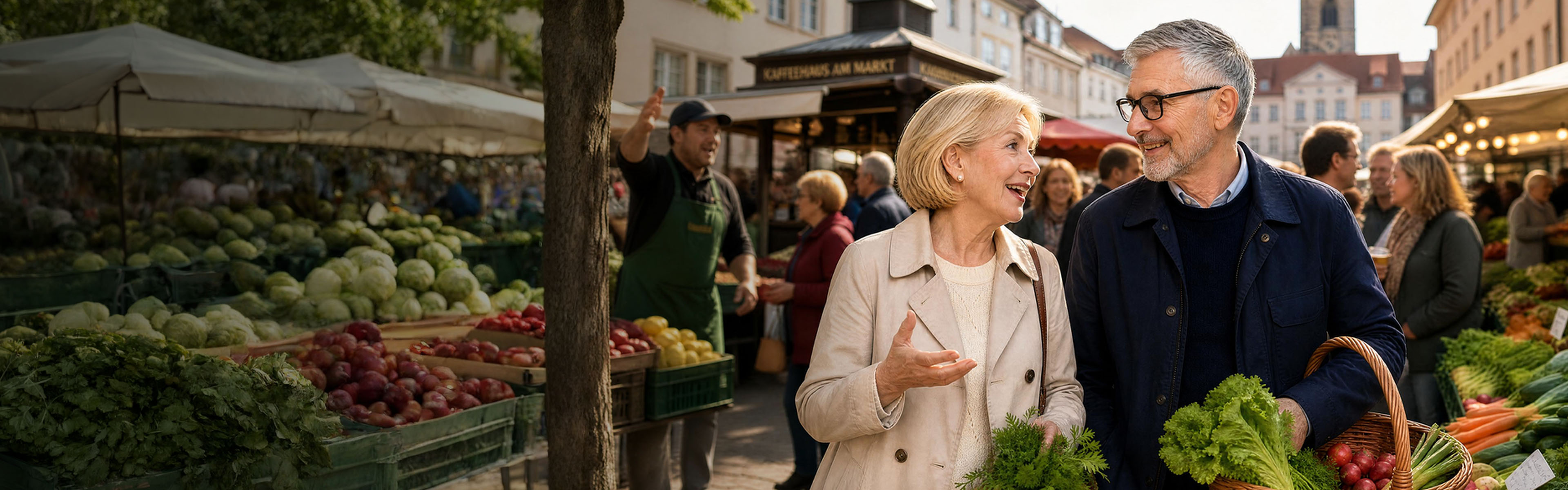 Ältere Frau und älterer Mann unterhalten sich auf einem Marktplatz