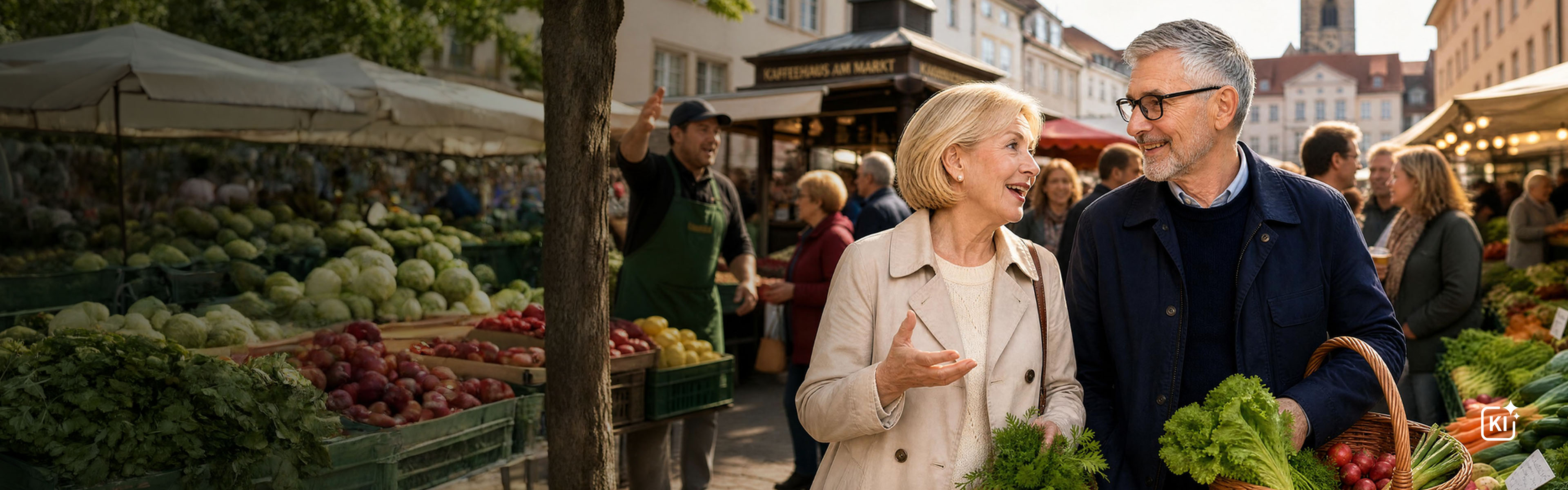 Ältere Frau und älterer Mann unterhalten sich auf einem Marktplatz