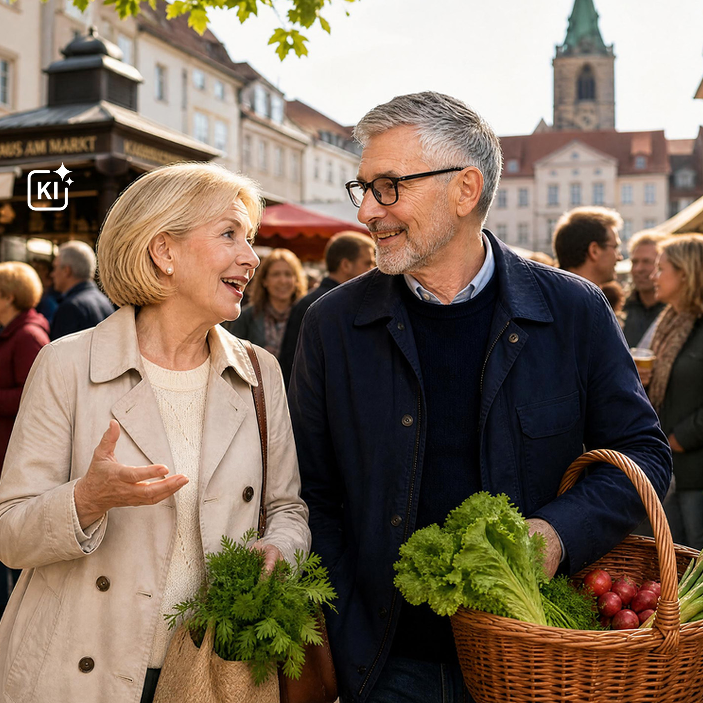 Ein Senioren-Paar schaut sich auf dem Wochenmarkt an und unterhält sich.