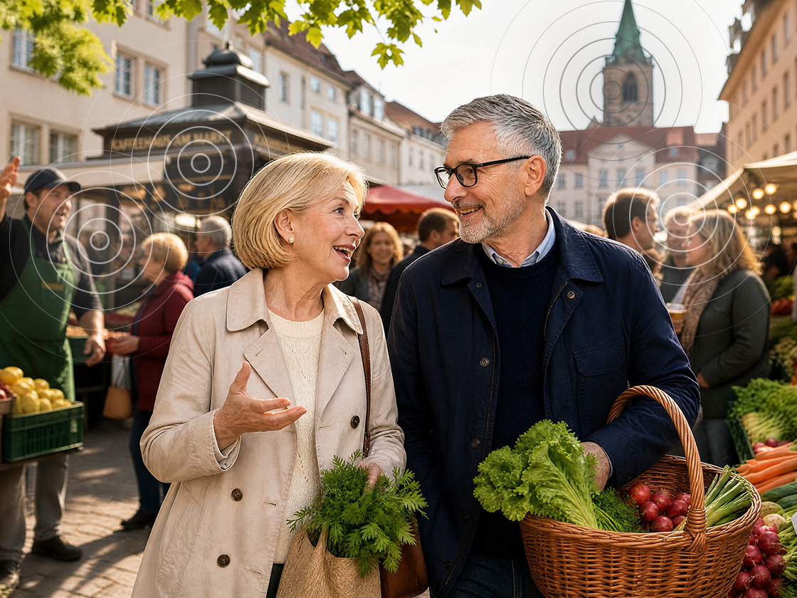 Senioriges Paar unterhält sich auf dem Wochenmarkt, um sie herum sind viele Leute und Stimmen. 