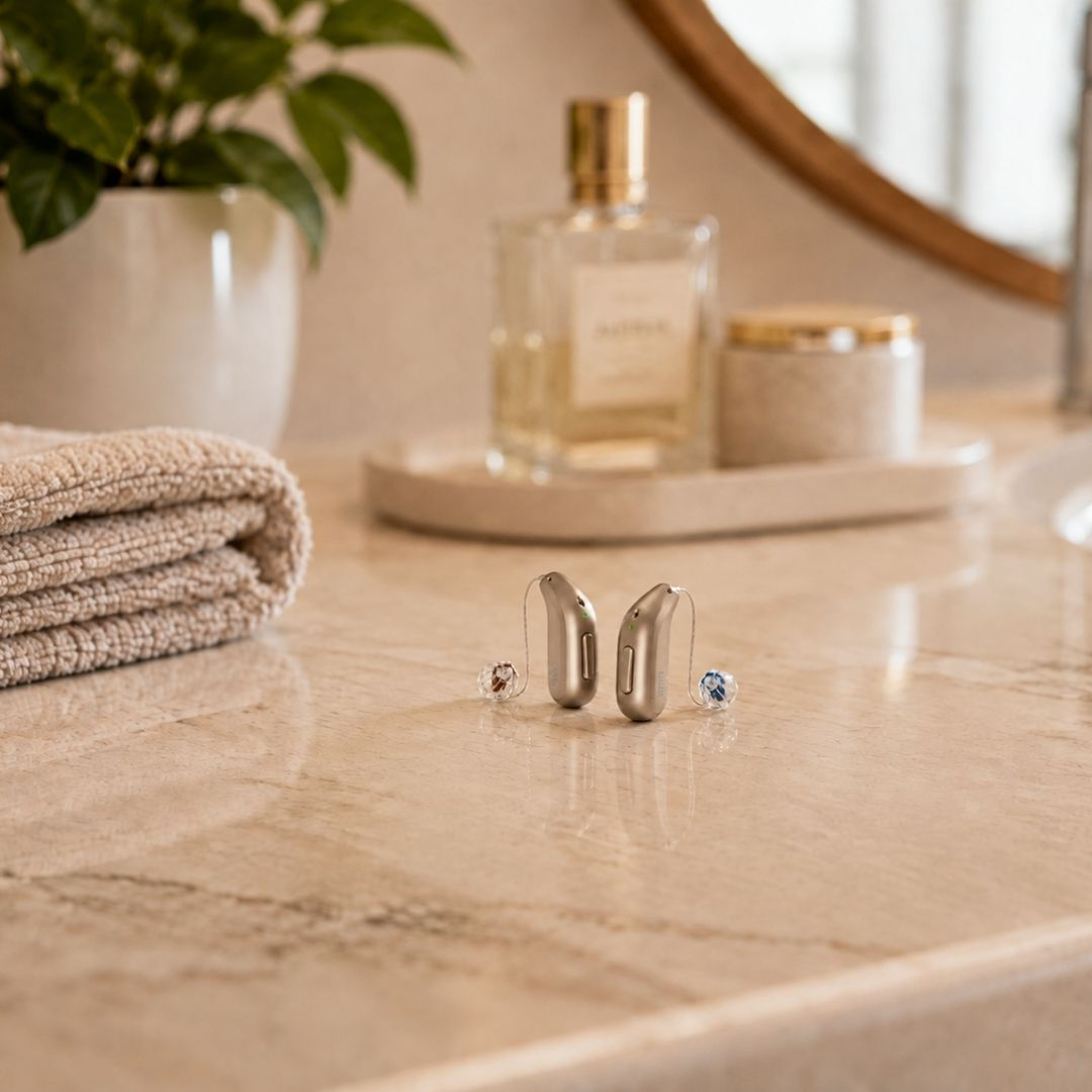 KINDvaiya Hörgeräte stehen im Badezimmer
