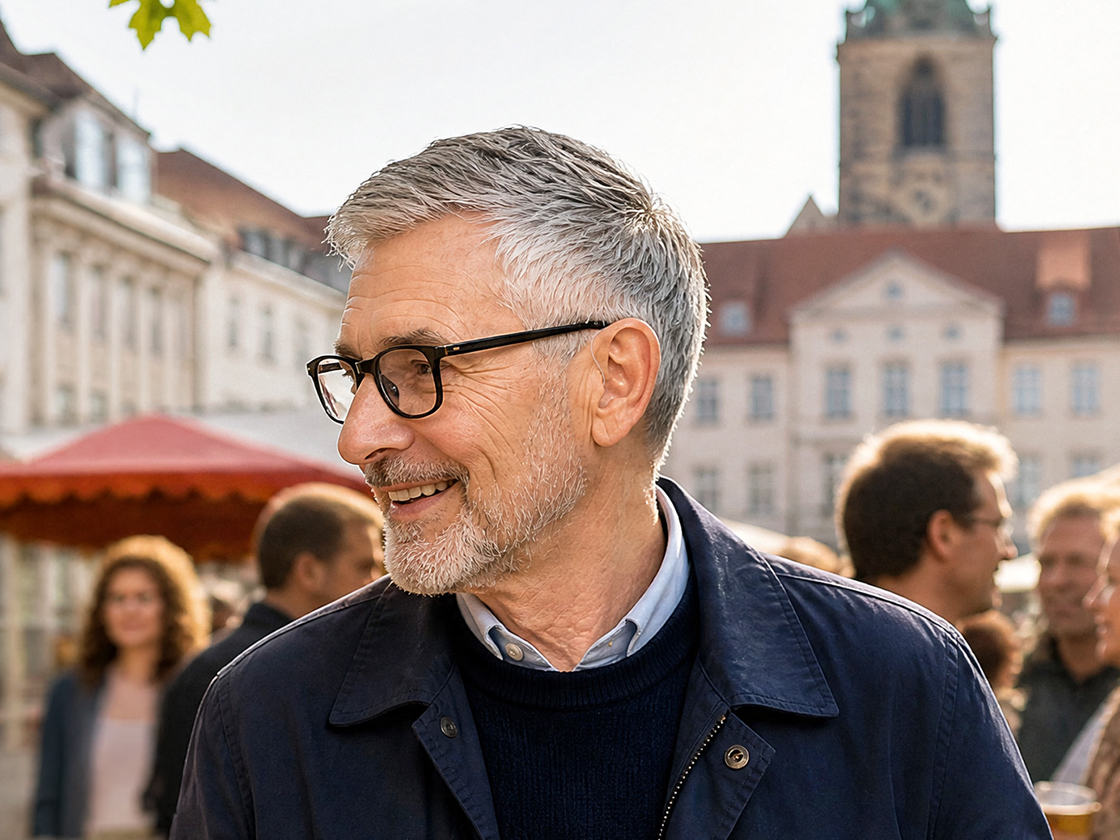 Senioriger Mann steht auf dem Wochenmarkt und schaut zur Seite, hört dabei. 