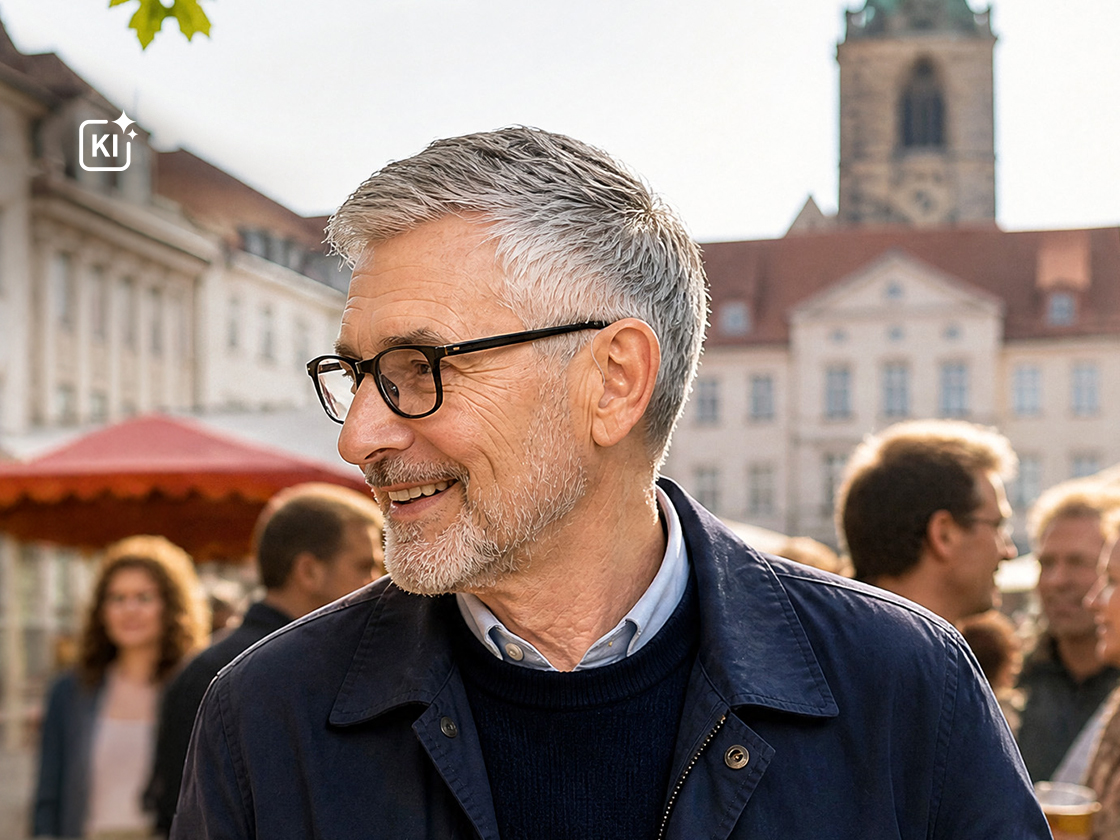 Senioriger Mann steht auf dem Wochenmarkt und schaut zur Seite, hört dabei. 