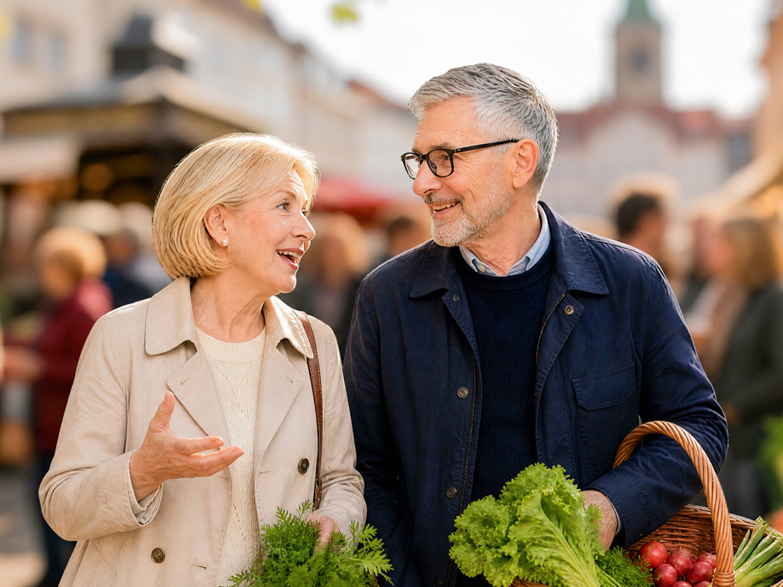 Ein senioriges Paar unterhält sich auf dem Wochenmarkt, während sie Einkäufe in der Hand halten.