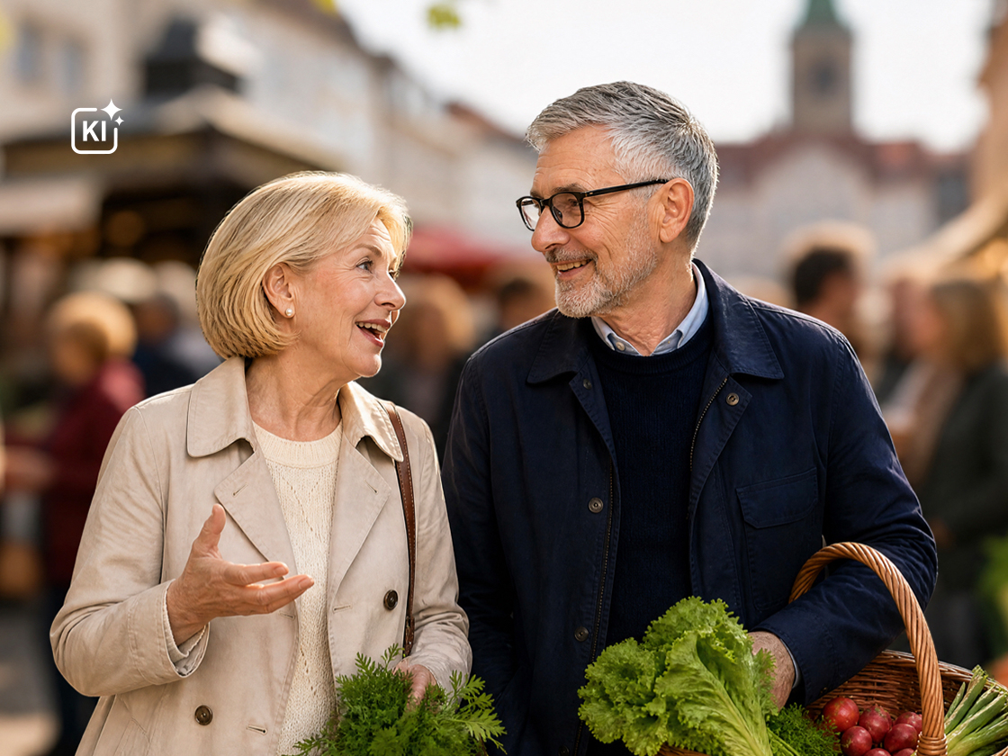 Ein senioriges Paar unterhält sich auf dem Wochenmarkt, während sie Einkäufe in der Hand halten.