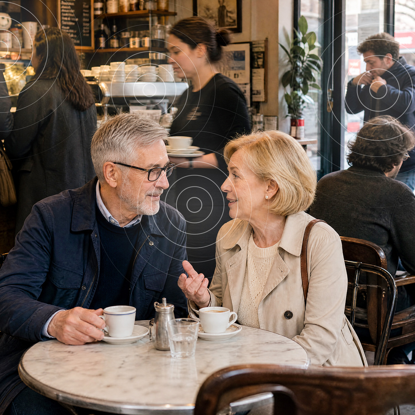 Senioriges Paar sitzt im Cafe und unterhält sich. im Hintergrund ist ziemlich viel Gewirr zu erkennen. 
