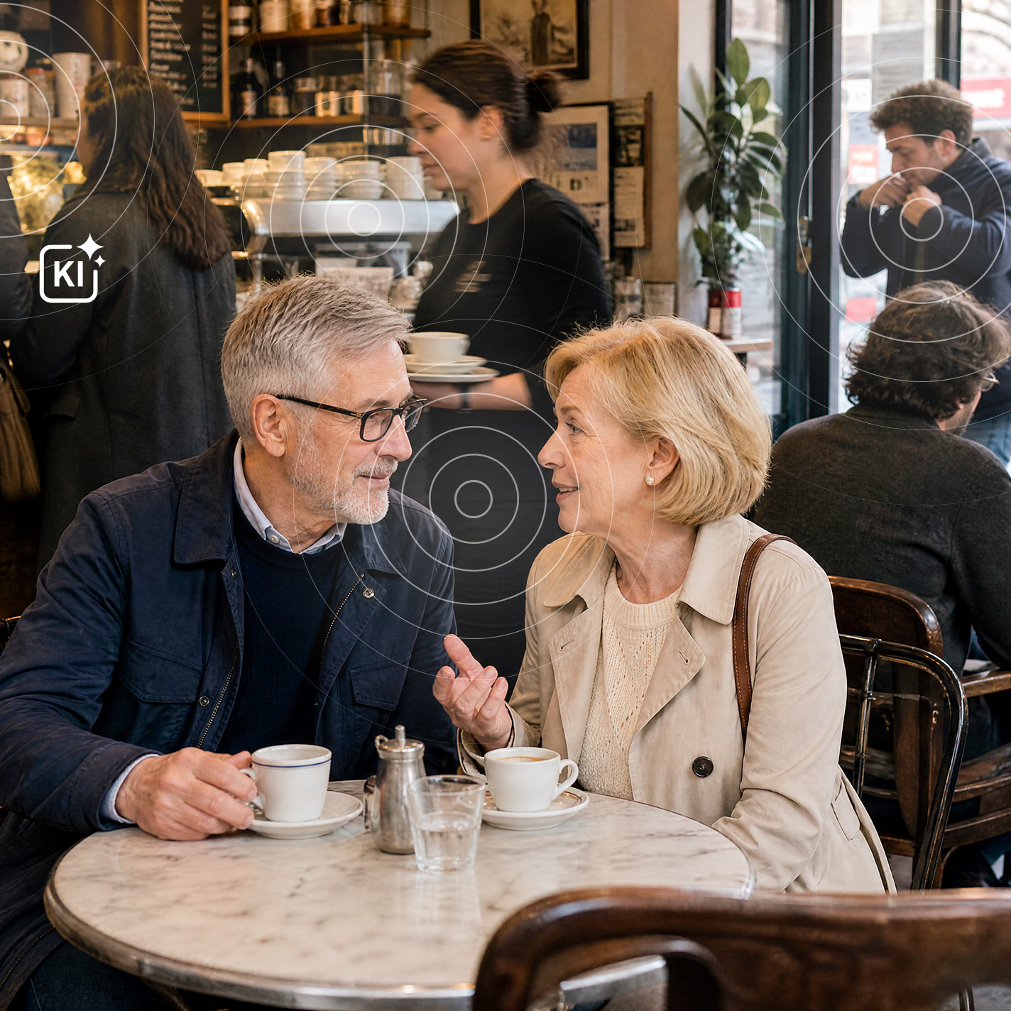 Senioriges Paar sitzt im Cafe und unterhält sich. im Hintergrund ist ziemlich viel Gewirr zu erkennen. 