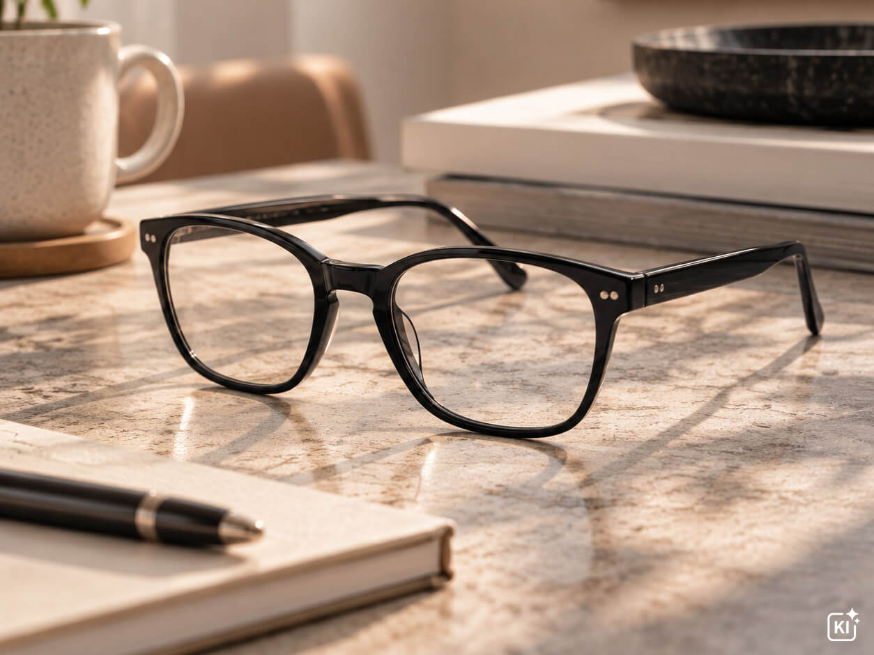 Eine schwarze Ray-Ban Brille auf einem Tisch liegend, davor ein Notizbuch, daneben eine Tasse und dahinter Bücher. 