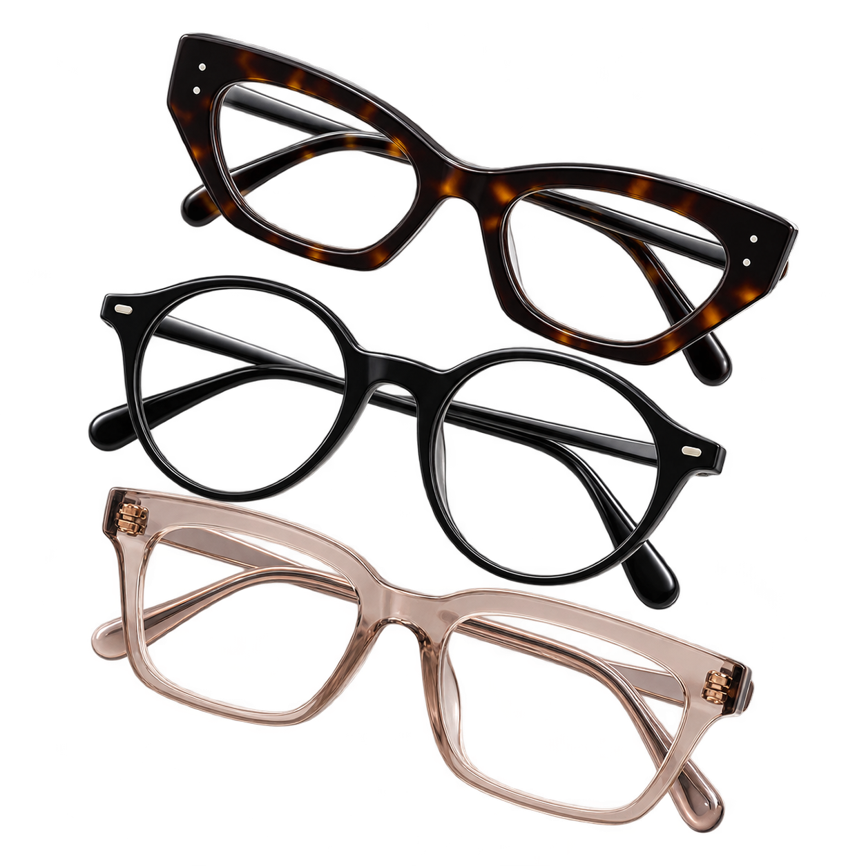 Drei verschiedene Ray-Ban-Brillen übereinander liegend
