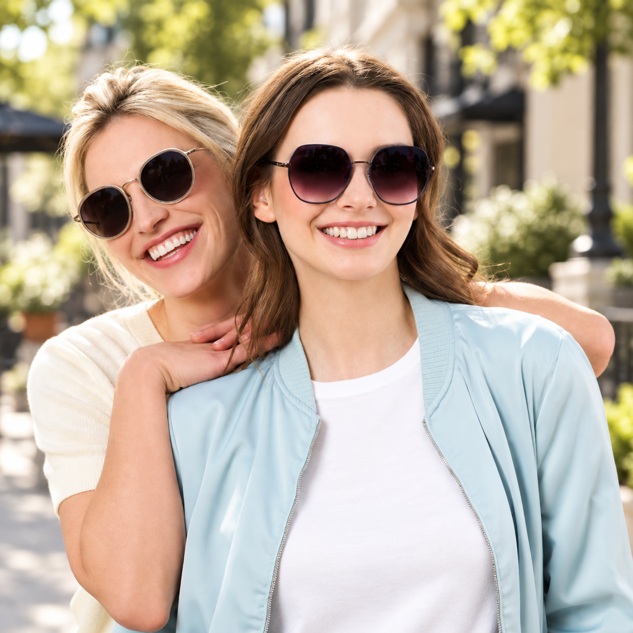 Zwei junge Frauen mit KINDsun Sonnenbrillen stehen draußen im Garten und lächeln. 